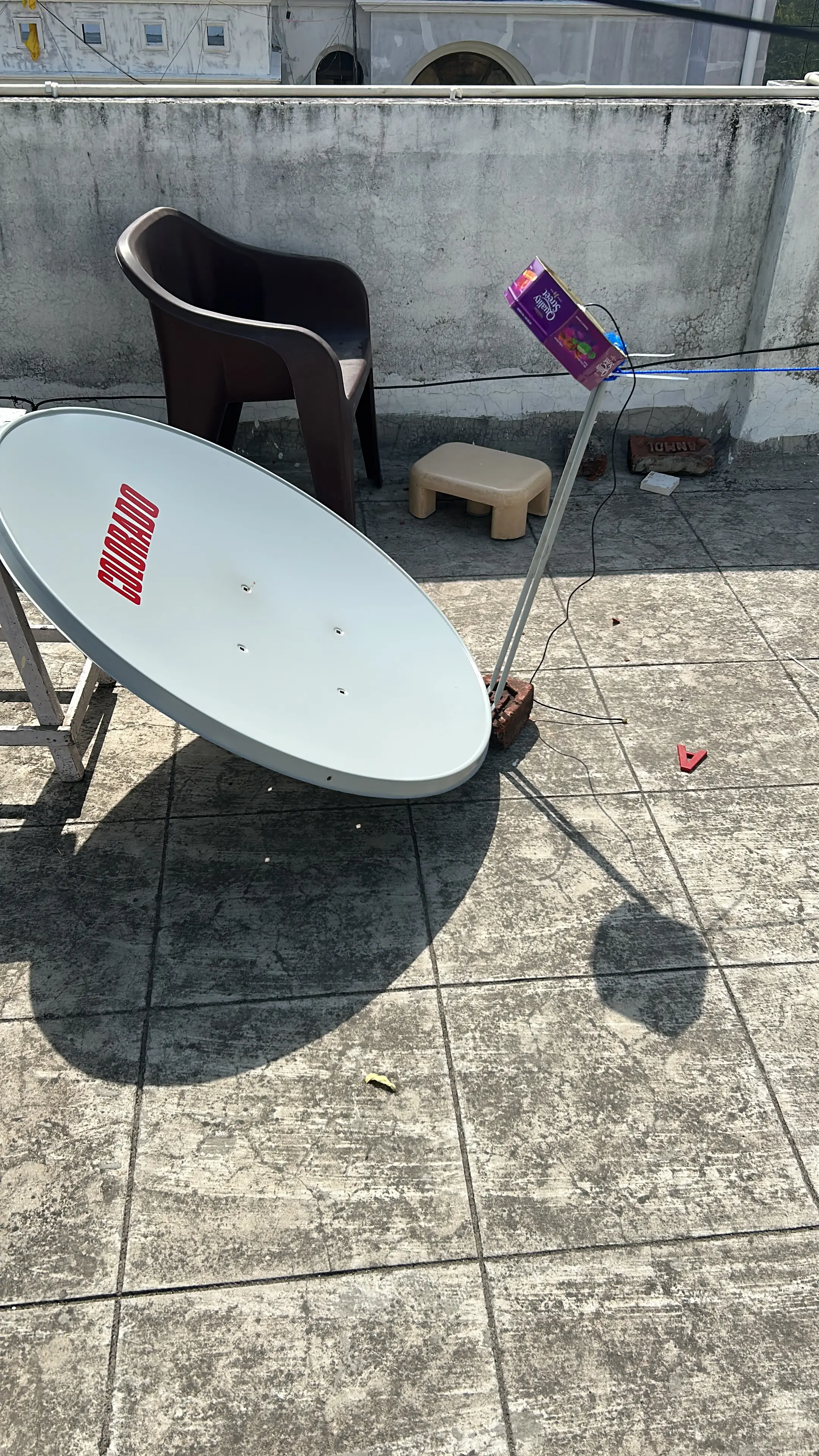 Biquad tin box mounted on the 100cm parabolic dish in Lucknow pointing towards Elektro-L